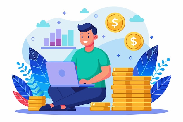 una caricatura de un hombre trabajando en una computadora portátil con pilas de monedas de oro