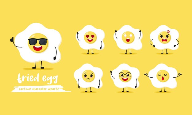 caricatura de huevo frito lindo use gafas de sol con muchas expresiones comida pose de actividad diferente