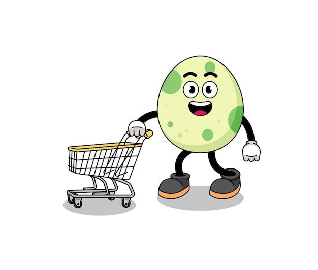 Caricatura de huevo manchado sosteniendo un carrito de compras