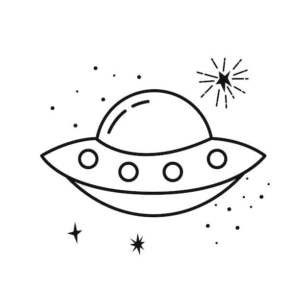 Caricatura de icono ovni aislado entre estrellas. ilustración vectorial