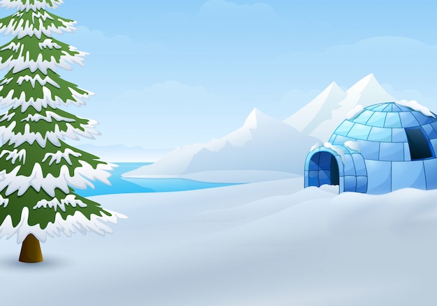 Vector caricatura de iglú con abetos y montañas en ilustración de invierno