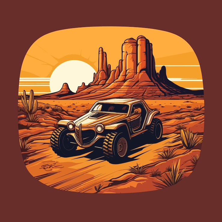 Vector una caricatura de la ilustración de un auto en el desierto.