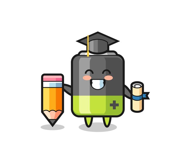 La caricatura de la ilustración de la batería es la graduación con un lápiz gigante, diseño de estilo lindo para camiseta, pegatina, elemento de logotipo