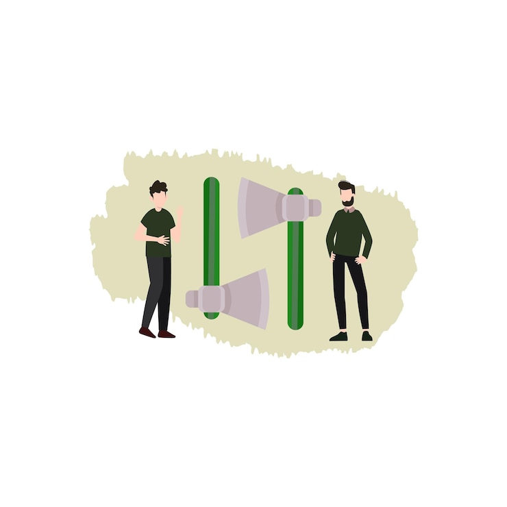 Vector una caricatura de la ilustración de dos hombres parados frente a un fondo verde.