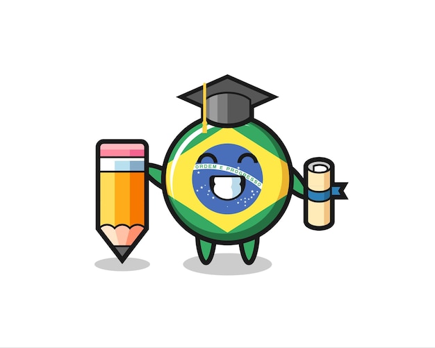 La caricatura de ilustración de la insignia de la bandera de brasil es graduación con un lápiz gigante