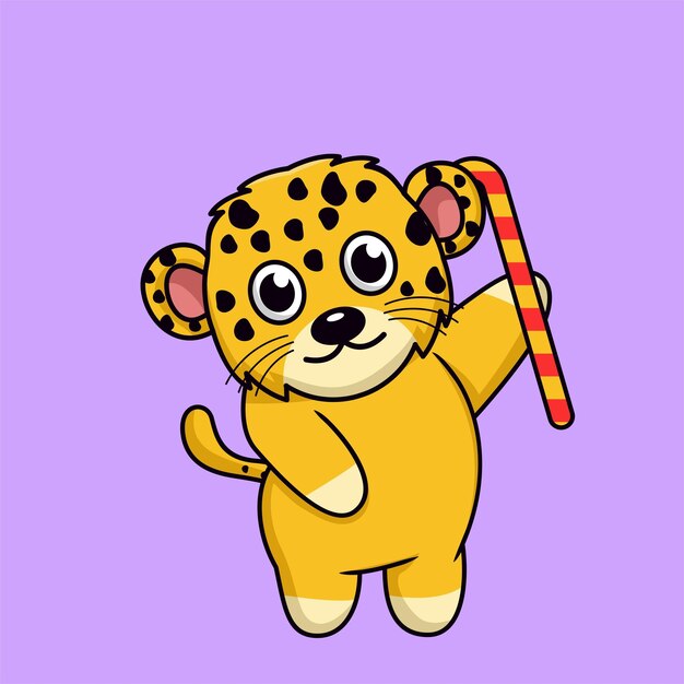 Vector una caricatura de la ilustración de un leopardo sosteniendo un bastón de caramelo.