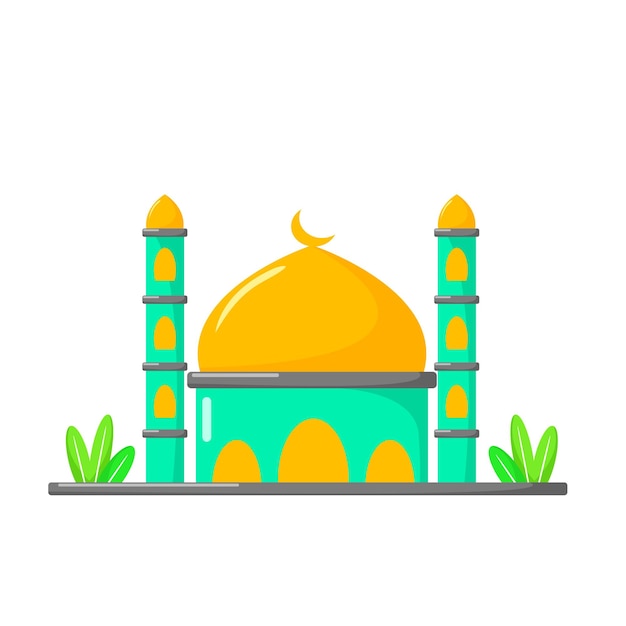Una caricatura de la ilustración de una mezquita con palmeras y el cielo de fondo