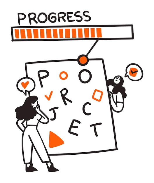una caricatura de la ilustración de una mujer y un hombre mirando un gráfico de progreso