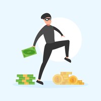 Vector caricatura de ilustración plana linda del hacker ladrón robando dinero de datos para el logotipo de la mascota del icono de la etiqueta web