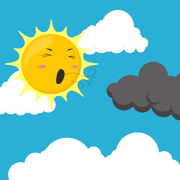 Vector caricatura, ilustración, de, el, sol, soplar, el, nubes, vector, ilustración, eps10