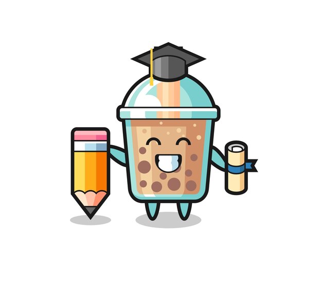 La caricatura de ilustración de té de burbujas es graduación con un lápiz gigante