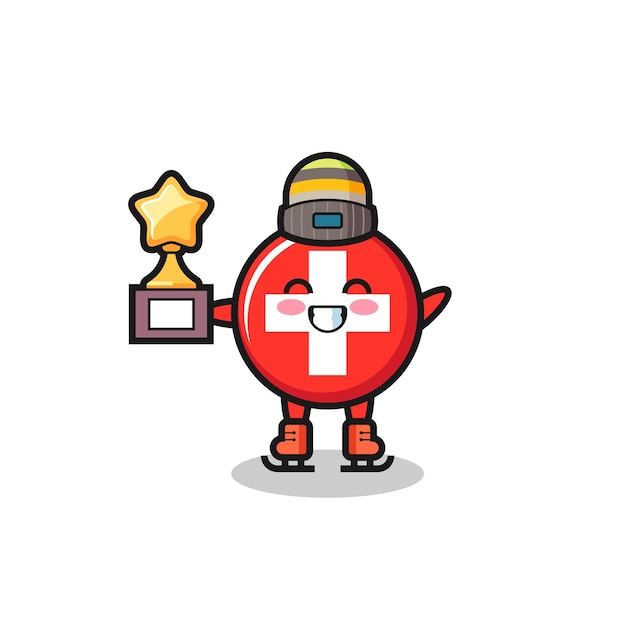 Caricatura de la insignia de la bandera de suiza como un jugador de patinaje sobre hielo sostiene el trofeo ganador, diseño de estilo lindo para camiseta, pegatina, elemento de logotipo