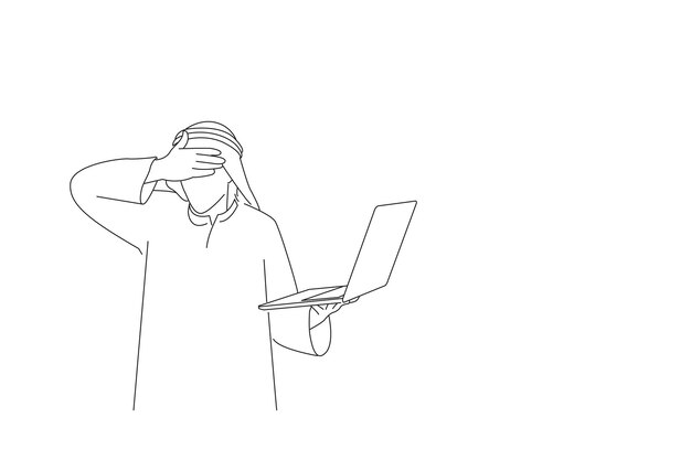 Caricatura de inversionista árabe sosteniendo la mano mirando la computadora portátil Estilo de dibujo de arte en línea