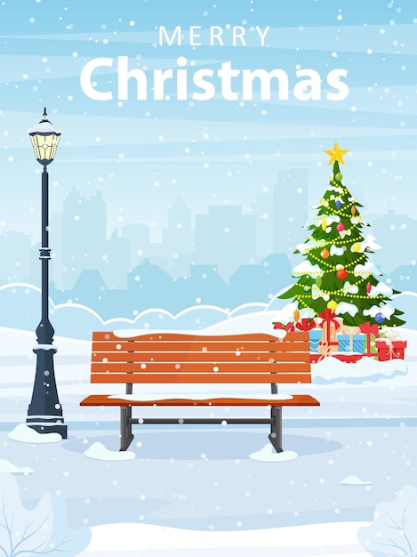 Caricatura, invierno, parque de la ciudad, con, árboles de navidad, banco, linterna, feliz navidad, y, año nuevo, celebrado, con, paisaje urbano, plano de fondo, paisaje, para, cartel, tela, vector, ilustración, en, estilo plano