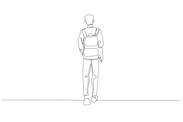 Caricatura de joven estudiante en ropa informal con vista trasera de mochila Estilo de arte de una línea