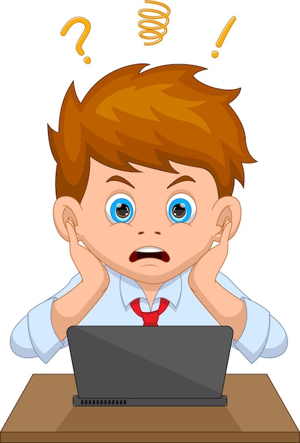 caricatura, joven, hombre de negocios, sorprendido, delante de, el, computador portatil