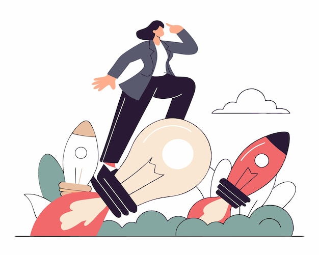 Caricatura de una líder de negocios montando una lámpara de bombilla brillante voladora con un propulsor de cohete en la nube