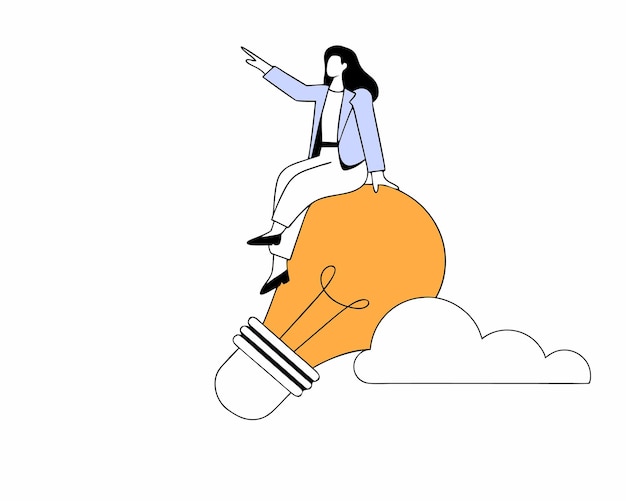 Caricatura de una líder de negocios montando una lámpara de bombilla brillante voladora con un propulsor de cohete en la nube