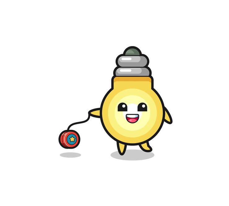 Vector caricatura de linda bombilla jugando un lindo diseño de yoyo