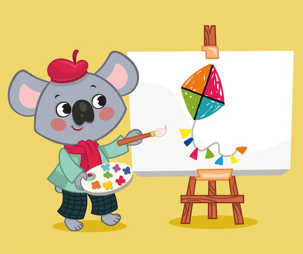 Caricatura linda y personaje de koala vectorial está pintando en el lienzo