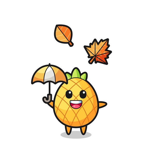 Caricatura de la linda piña sosteniendo un paraguas en otoño, diseño de estilo lindo para camiseta, pegatina, elemento de logotipo