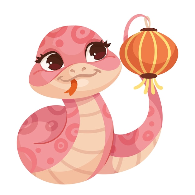 Caricatura de una linda serpiente rosada aislada sobre un fondo blanco Pequeño personaje de serpiente niño Horóscopo chino signo del zodiaco año de la serpiente 2025 Personaje amistoso de reptil sonriente Ilustración vectorial