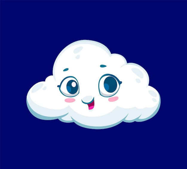 Caricatura, lindo, blanco, nube, clima, carácter, aislado, vector, caprichoso, esponjoso, nube, personaje, con, cara divertida, expresión, de, alegría, y, alegría, buen humor, emociones, o, pronóstico del tiempo