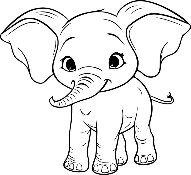Una caricatura de un lindo elefante en blanco y negro
