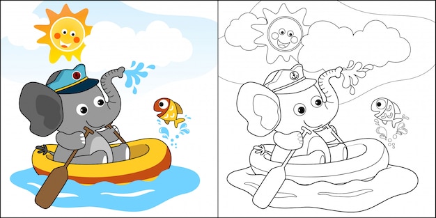 Caricatura de lindo elefante en bote inflable con un pequeño pez