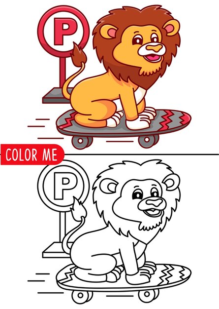 caricatura, lindo, león, patineta, colorear, página, o, libro, para, niños