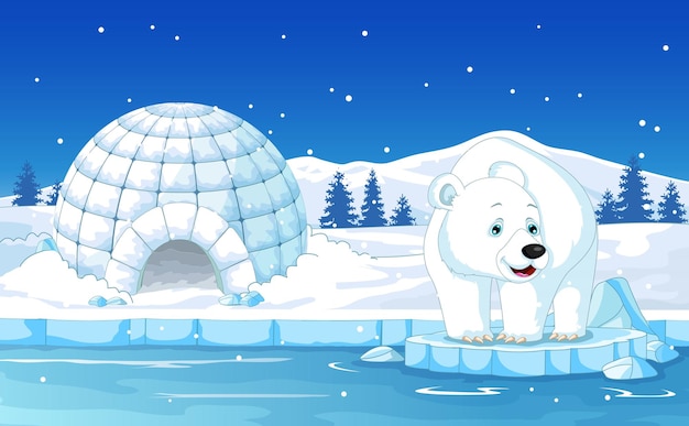 Vector caricatura de lindo oso polar con fondo de invierno