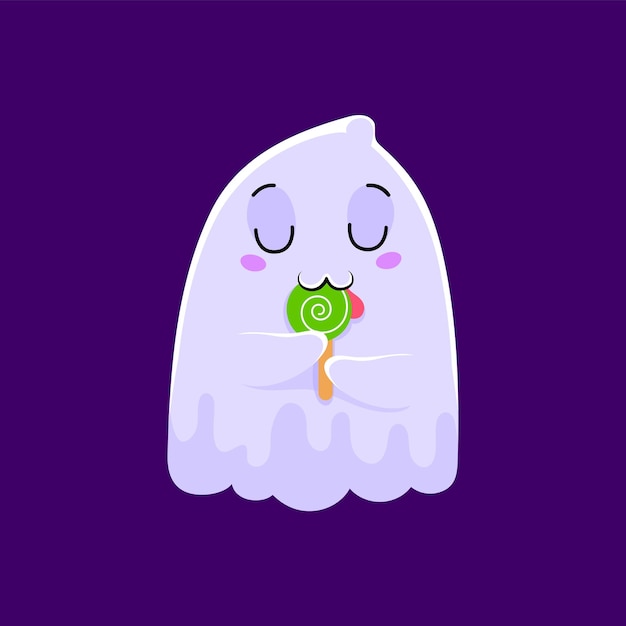 Caricatura lindo personaje fantasma kawaii de Halloween lamiendo una piruleta con una sonrisa amistosa y los ojos cerrados Fantasma adorable vectorial aislado con apariencia flotante juguetona disfrutando de un postre dulce