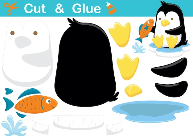 Caricatura de lindo pingüino sentado en un trozo de hielo con un pez. Juego de papel educativo para niños. Recorte y encolado
