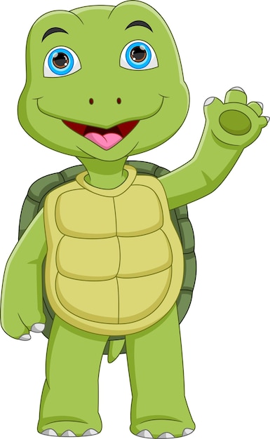 Vector caricatura, lindo, tortuga, ondulación, aislado, blanco, plano de fondo