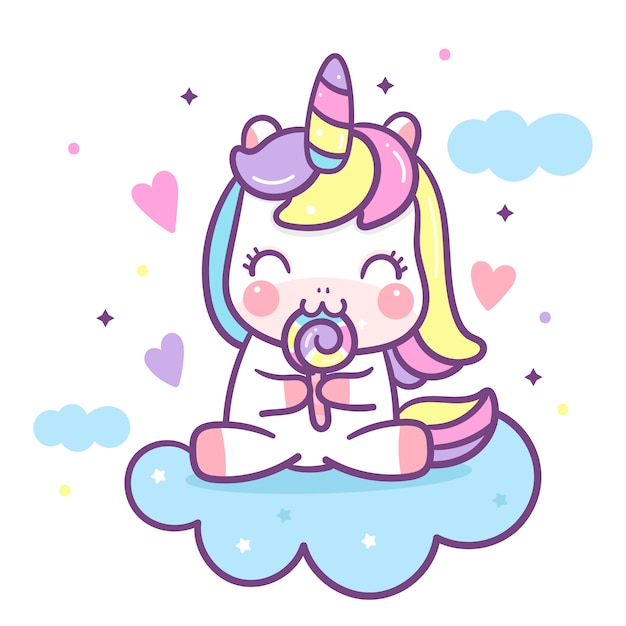 Caricatura lindo unicornio comiendo dulces