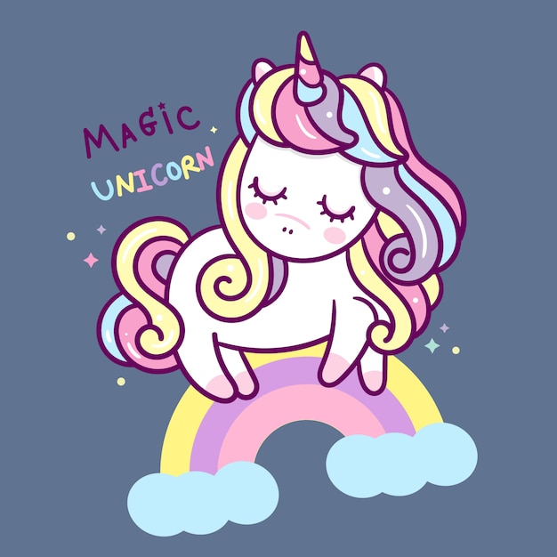 Caricatura lindo unicornio con estilo arcoiris dibujado a mano