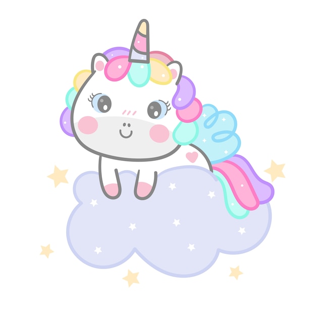 Caricatura lindo unicornio en estilo dibujado a mano nube