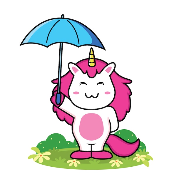 Caricatura lindo unicornio con paraguas