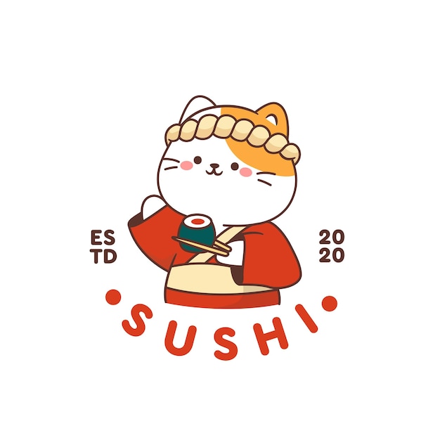 Caricatura del logotipo de la mascota del sushi de gato