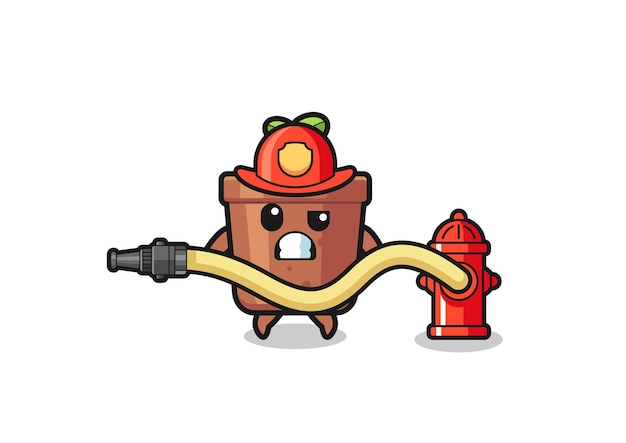 Caricatura de maceta como mascota de bombero con manguera de agua