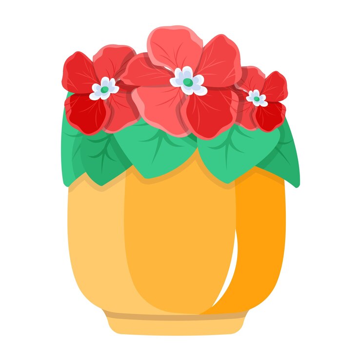 Vector una caricatura de una maceta con flores rojas.