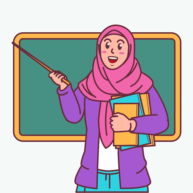 caricatura de una maestra árabe que lleva un libro en la mano una maestra que lleva un hijab
