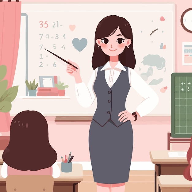 una caricatura de un maestro en un aula con un lápiz y una foto de una chica en un vestido