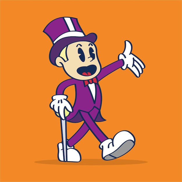 Una caricatura de un mago con un sombrero de copa morado y un traje morado caminando dibujando a mano