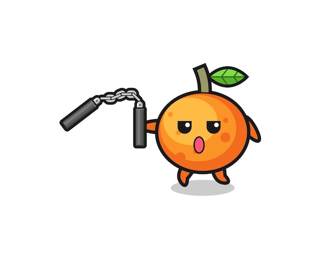 Caricatura de mandarina con lindo diseño nunchaku