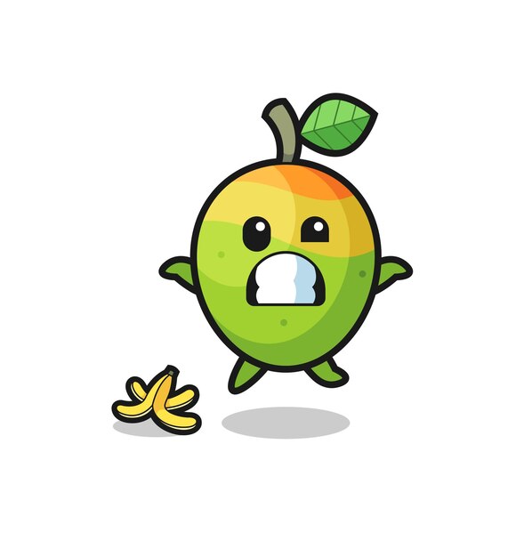 la caricatura del mango se desliza sobre una cáscara de plátano