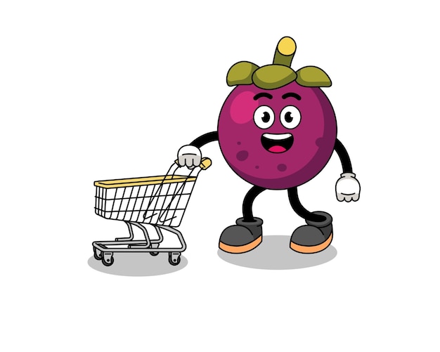 Caricatura de mangostán sosteniendo un diseño de personaje de carrito de compras