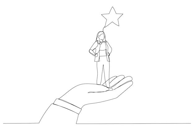 Caricatura de mano gigante levantando a un hombre de negocios a las estrellas Estilo de arte de línea continua única