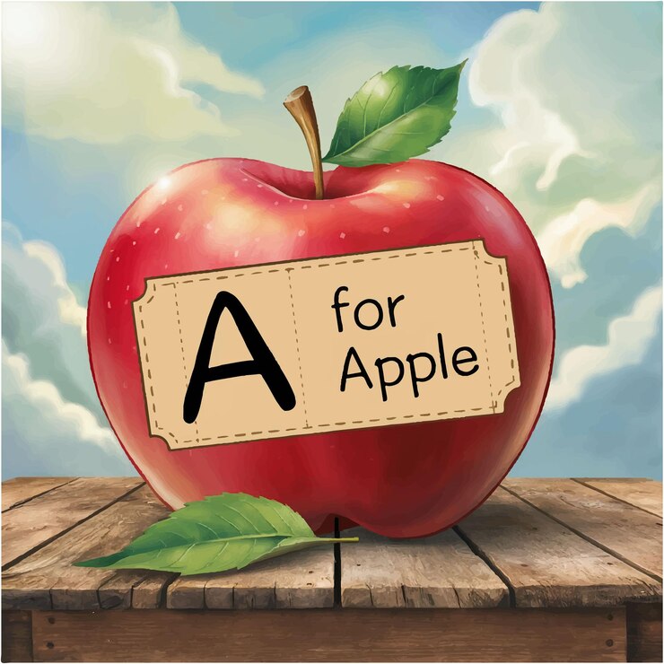 Vector una caricatura de manzana con manzana roja en una mesa de madera cielo azul y nubes