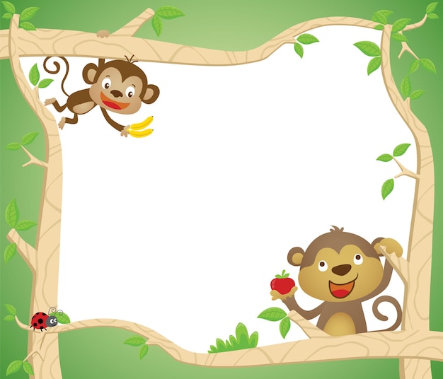 Caricatura de marco vacío en blanco con dos monos jugando mientras lleva frutas en el tronco del árbol